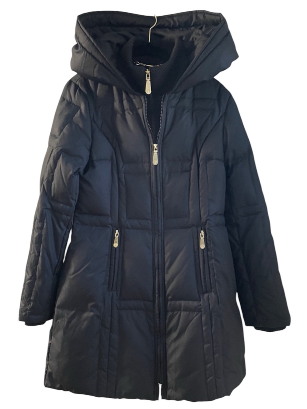 Vince Camuto Black Down Women's Longer Length Puffer Jacket With Bib & Hood S
